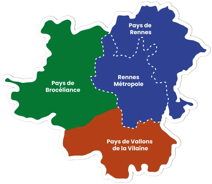 Carte du bassin d’emploi de Rennes, découpé en trois zones : Pays de Rennes (dont Rennes Métropole), Pays de Brocéliande et Pays des Vallons de Vilaine