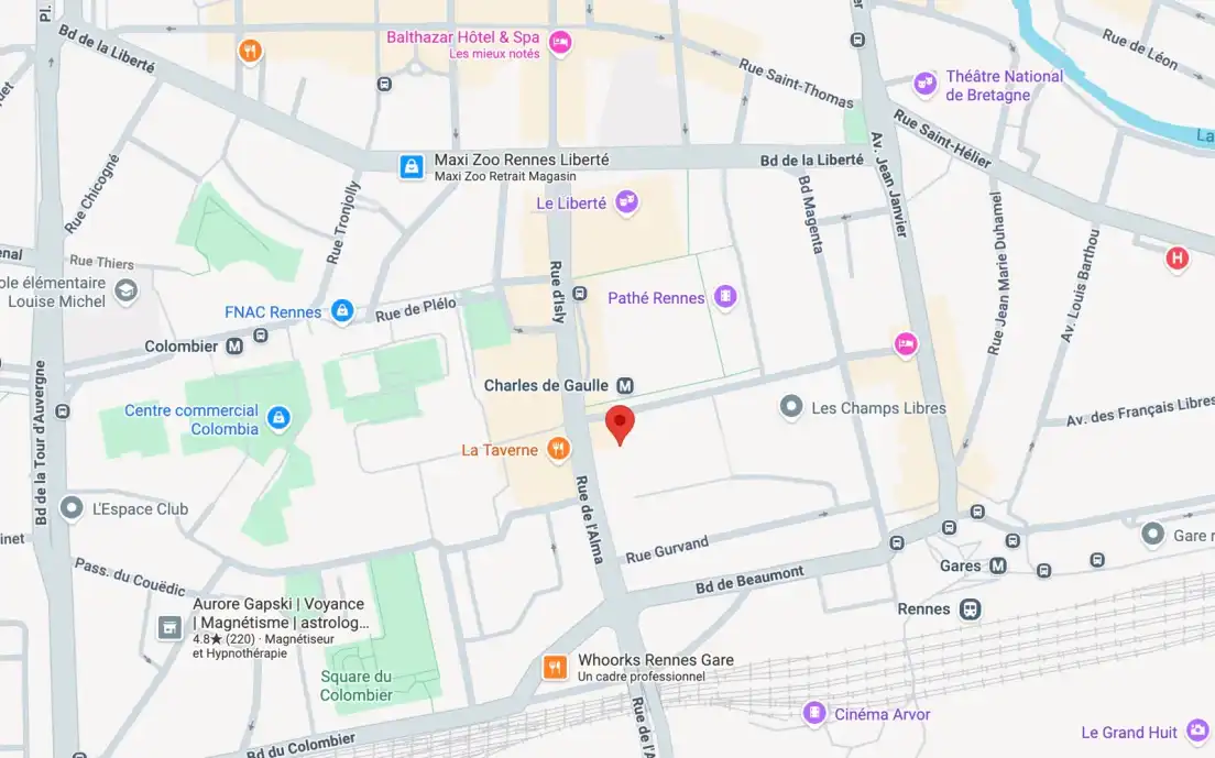 Plan du quartier de la gare de Rennes situant L’Exploratoire, 2 cours des Alliés, 35000 Rennes — ouvrir l’itinéraire dans Google Maps (nouvelle fenêtre)